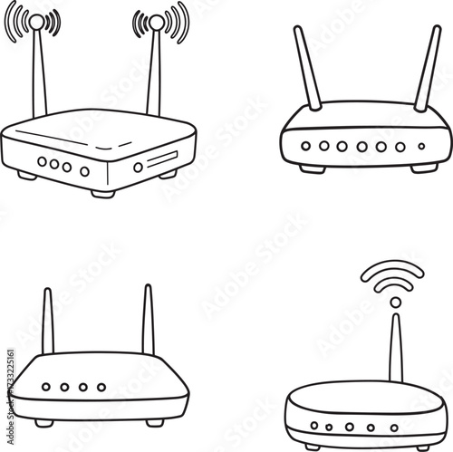 Hand drawn router icons set for wireless internet connection vector illustration