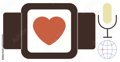 Smartwatch with heart icon, microphone for voice control, globe for connectivity. Ideal for health tracking, technology, fitness, global communication, innovation, wearable tech simple flat metaphor