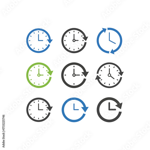 Four stylized clock icons showing reload, reset, and circular time flow, with different symbols.