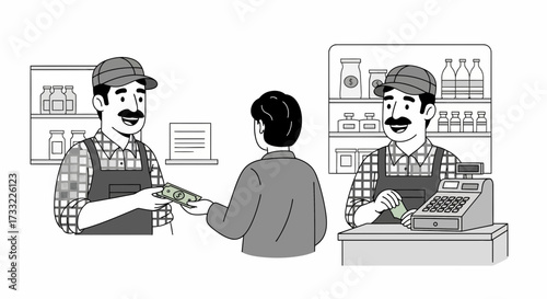 Customer Pays Cashier in Grocery Store Successful Retail Transaction