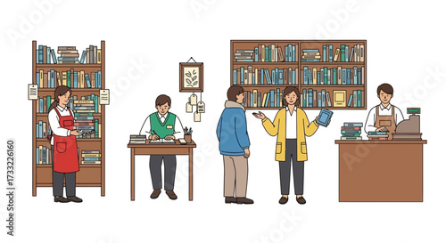 Diverse Bookstore Scene Employees and Customers Browsing Shelves Purchasing Books and Working at Counter Vector Illustration
