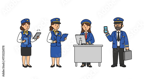 Diverse Airport and Airline Staff Characters Ground Crew Agents and Pilots in Uniforms