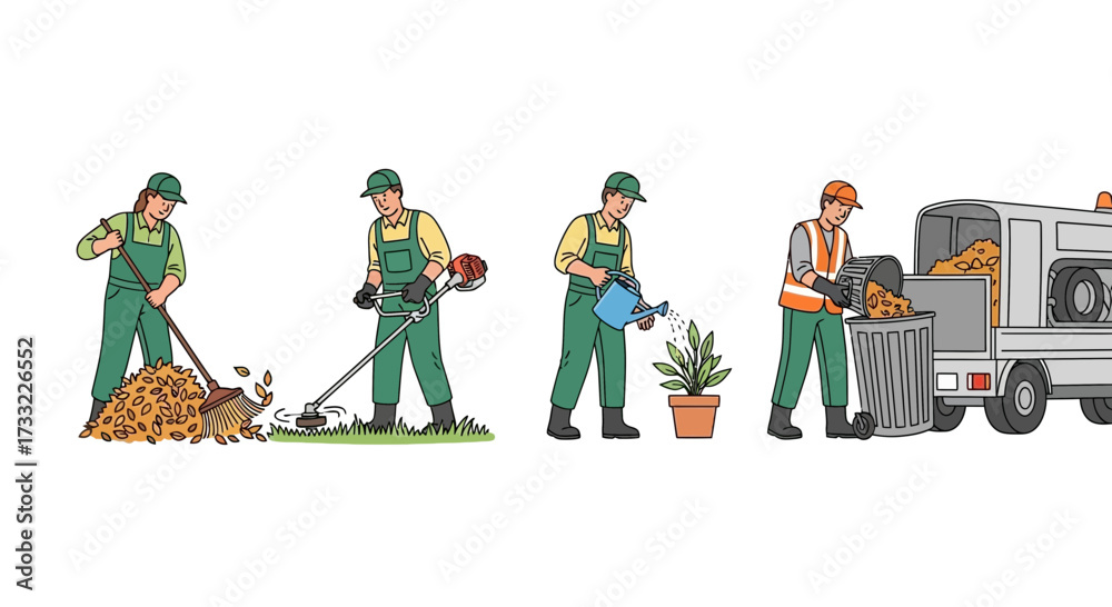 Fototapeta premium Gardening and Yard Work Sequence Leaf Raking Mowing Watering Plants and Waste Disposal