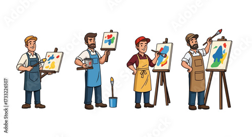 Diverse Artists Creating Colorful Paintings on Easels Studio Scene