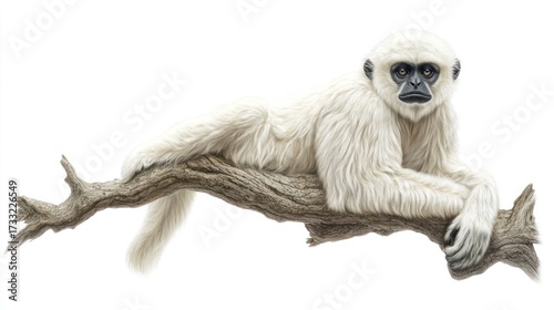White gibbon resting on a tree branch against a clean white background