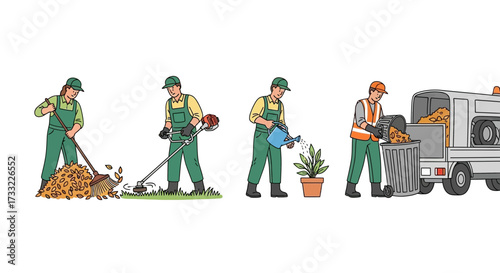 Gardening and Yard Work Sequence Leaf Raking Mowing Watering Plants and Waste Disposal