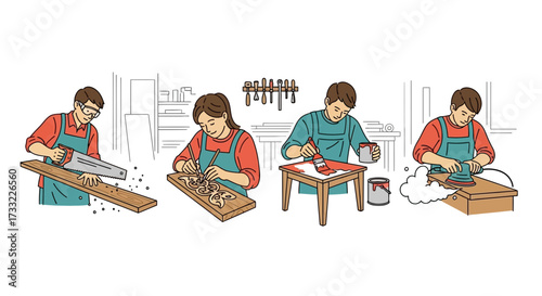 Woodworking Process Sawing Assembling Painting and Sanding in a Workshop Setting