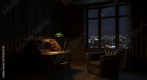 Cozy study room with vintage desk and cityscape view at night creating ambiance