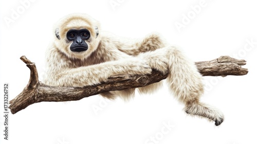 White handed gibbon relaxing on a branch isolated on white background