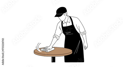 Worker Wiping Round Table Surface