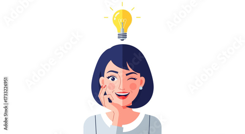 Woman Winking with Light Bulb Idea Symbol Above Head Concept of Innovation and Creativity