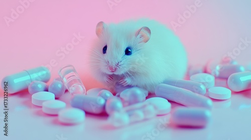 Hamster with pills illuminated by colored lights on a simple background