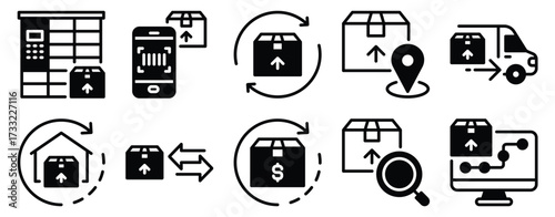 Last mile and reverse logistics icon solid mix style vector glyph for delivery networks returns and routing minimal pictogram for ecommerce and operations dashboards