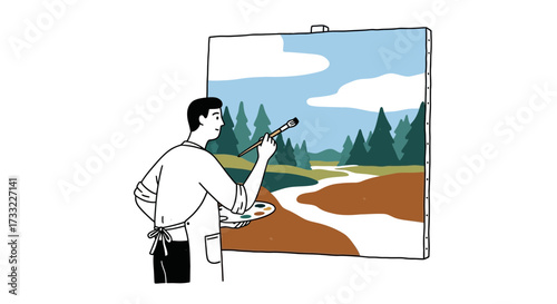 Artist Painting a Serene Forest Landscape on Canvas