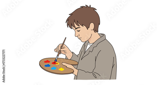 Creative Young Artist Concentrates on Painting with Brush and Palette Studio Hobby Art School Illustration
