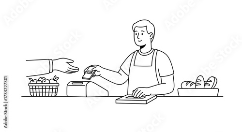 Friendly baker or shopkeeper using credit card reader at checkout counter with fresh bread and produce modern retail transaction concept