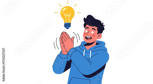 Young Man Applauds With Stars in Eyes and Lightbulb Overhead Concept of Innovation and Eureka Moment