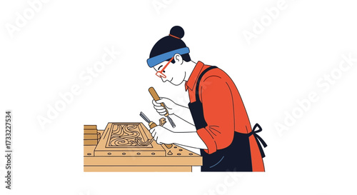 Artisan Wood Carver Skillfully Engraves Intricate Design on Wooden Surface with Tools in Studio