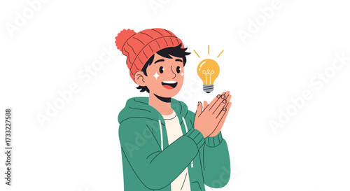 Young boy with a bright idea clapping hands with a glowing lightbulb symbolizing innovation and inspiration