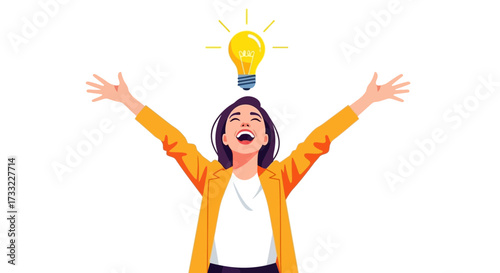 Excited Woman With Lightbulb Idea Overhead Celebrating Innovation and Success