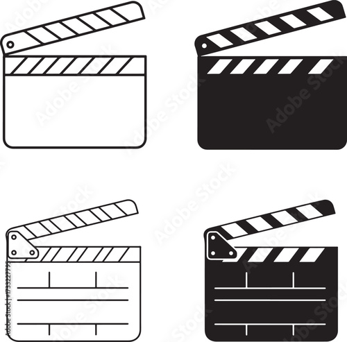 Movie clapperboard icons in Outline and Silhouette Style for film production design