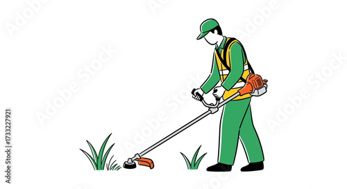 Professional Gardener Using Weed Trimmer to Maintain Lawn and Garden