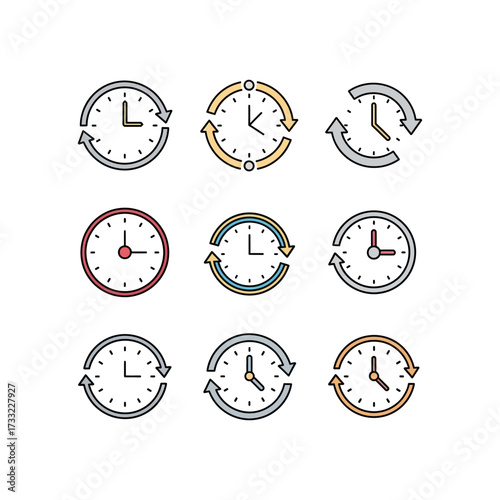 Four stylized clock icons showing reload, reset, and circular time flow, with different symbols.
