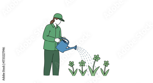 Gardener Watering Plants in Garden with Green Lawn Sprayer