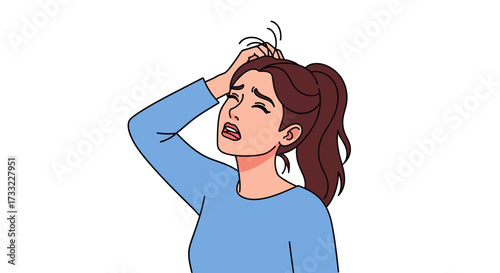 Young Woman Experiencing Headache or Stress in a Soft Blue Top Expressing Discomfort and Frustration