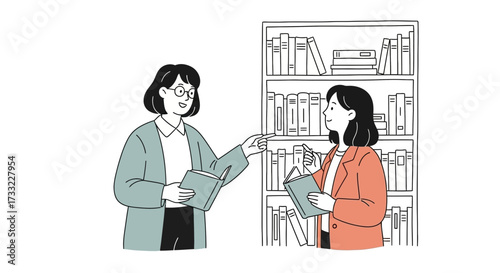 Two women in a library discussing books and knowledge vector illustration for education and research concepts
