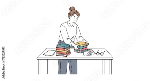 Woman Librarian Organizing Books on Table Education Research Study Library Knowledge Literature Bookstore Learning Information Reading Stack of Books Desk Glasses Vintage Sketch Style