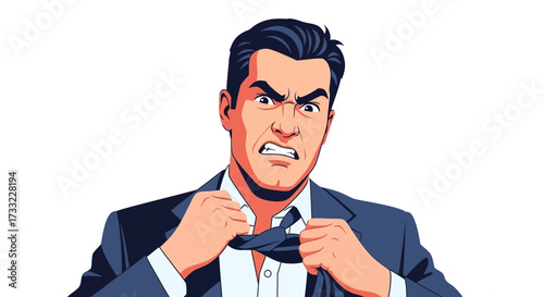 Angry Businessman Yanking Tie in Frustration Stress Management Concept Illustration