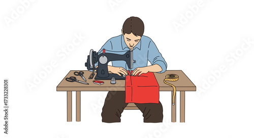 Skilled Craftsman Sewing Red Fabric on Vintage Machine Tailor Workshop Scene Handmade Apparel Creation