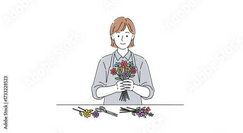 Friendly Florist Arranging Beautiful Colorful Bouquet of Fresh Flowers with Tools on Table Lifestyle Business Illustration