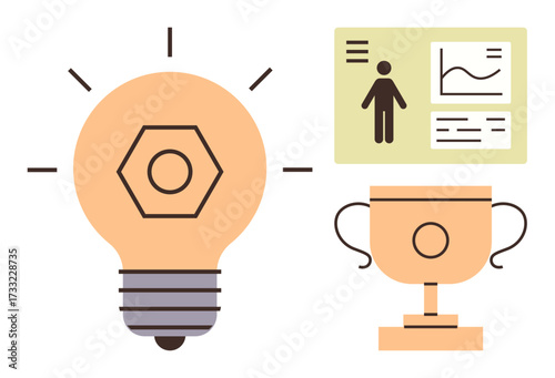 Lightbulb representing innovation, trophy signifying achievement, and analytics board with data visuals. Ideal for education, productivity, growth, success, creativity motivation progress. Simple