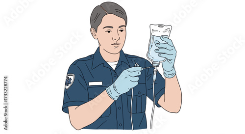 Paramedic Prepares IV Fluid Bag for Patient Care Medical Emergency Illustration