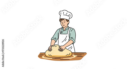 A baker kneads dough on a wooden board, illustrating the art of baking bread and the importance of proper dough handling for culinary success