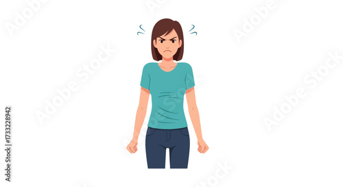 An illustration of a young woman expressing anger and frustration, conveying strong negative emotions and mental health challenges for use in educational materials