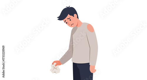 An illustration depicting a young man in a state of sadness and despair holding a crumpled tissue, symbolizing emotional distress and mental health struggles