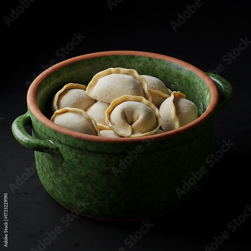 Delicious homemade pelmeni in a rustic green bowl, a culinary delight on a black background