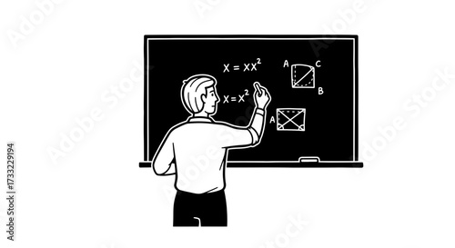 Illustration of a teacher explaining mathematical equations and geometric shapes on a blackboard for educational purposes and learning resources
