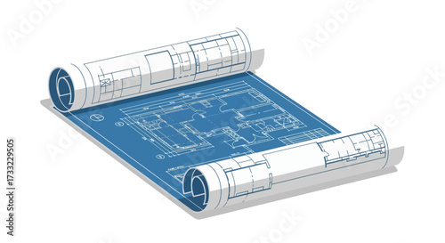 Architectural blueprint unfolds to reveal a detailed floor plan for residential construction and interior design, showcasing layout and specifications for real estate development projects