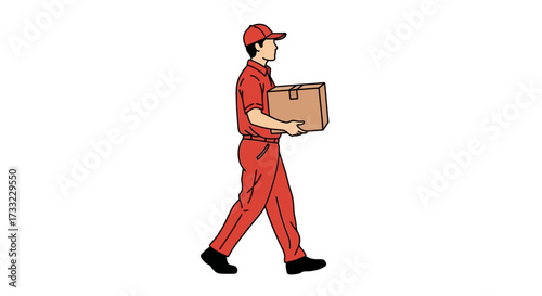 A delivery service professional carrying a cardboard box in a red uniform for e-commerce, logistics, and supply chain management, emphasizing efficiency and reliability for businesses