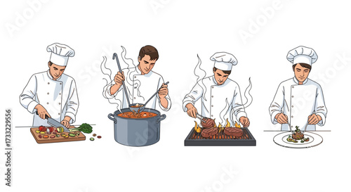 A professional chef preparing various gourmet dishes including chopping vegetables, stirring a pot, grilling meat, and plating a finished meal for culinary arts projects