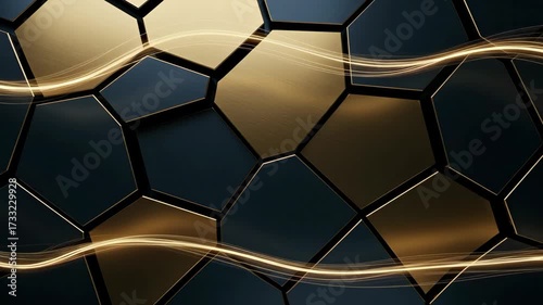Abstract geometric dark blue and gold hexagonal pattern with flowing golden light streaks elegant