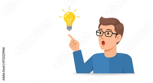 A cartoon illustration of a man having a brilliant idea with a glowing light bulb above his head, symbolizing innovation, eureka moment, and intellectual inspiration