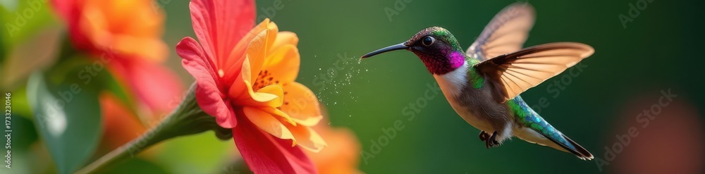 Fototapeta premium Hummingbird feeding, iridescent feathers, pollen dusting , blossom, beauty