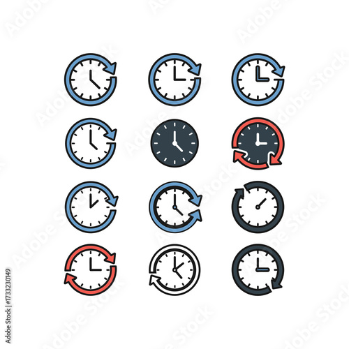 Four stylized clock icons showing reload, reset, and circular time flow, with different symbols.