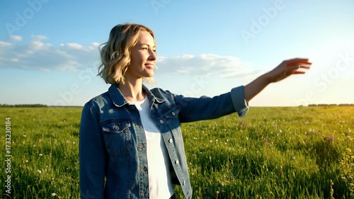 Happy woman reaching out in sunlit green field, embracing nature's beauty and freedom under a clear sky.