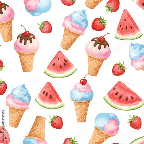Delightful summer seamless pattern featuring watercolor ice cream cones and watermelon slices